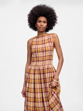 Smocked Boatneck Maxi Dress in Plaid Seersucker